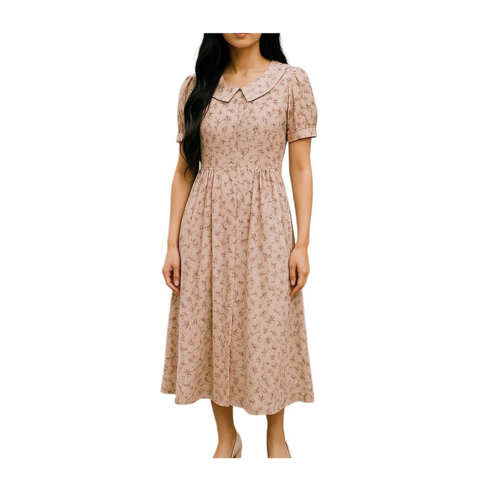 Erika Long Midi Dress Ditsy Pink Floral Pleated Sailor Collar Empire Waist L